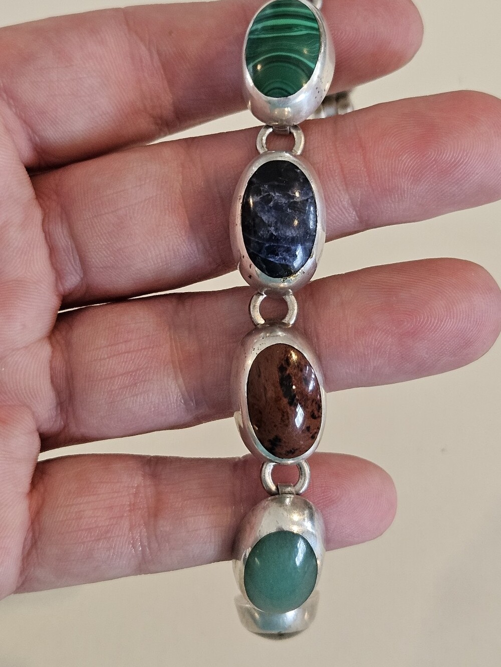 Vintage Southwestern Sterling Silver Multi-Stone Bracelet Malachite Onyx Jasper